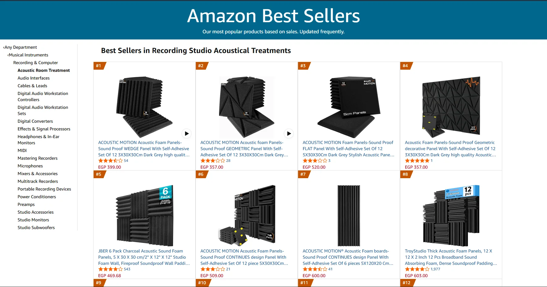 Amazon Best Sellers category view showing Acoustic Motion products in leading positions