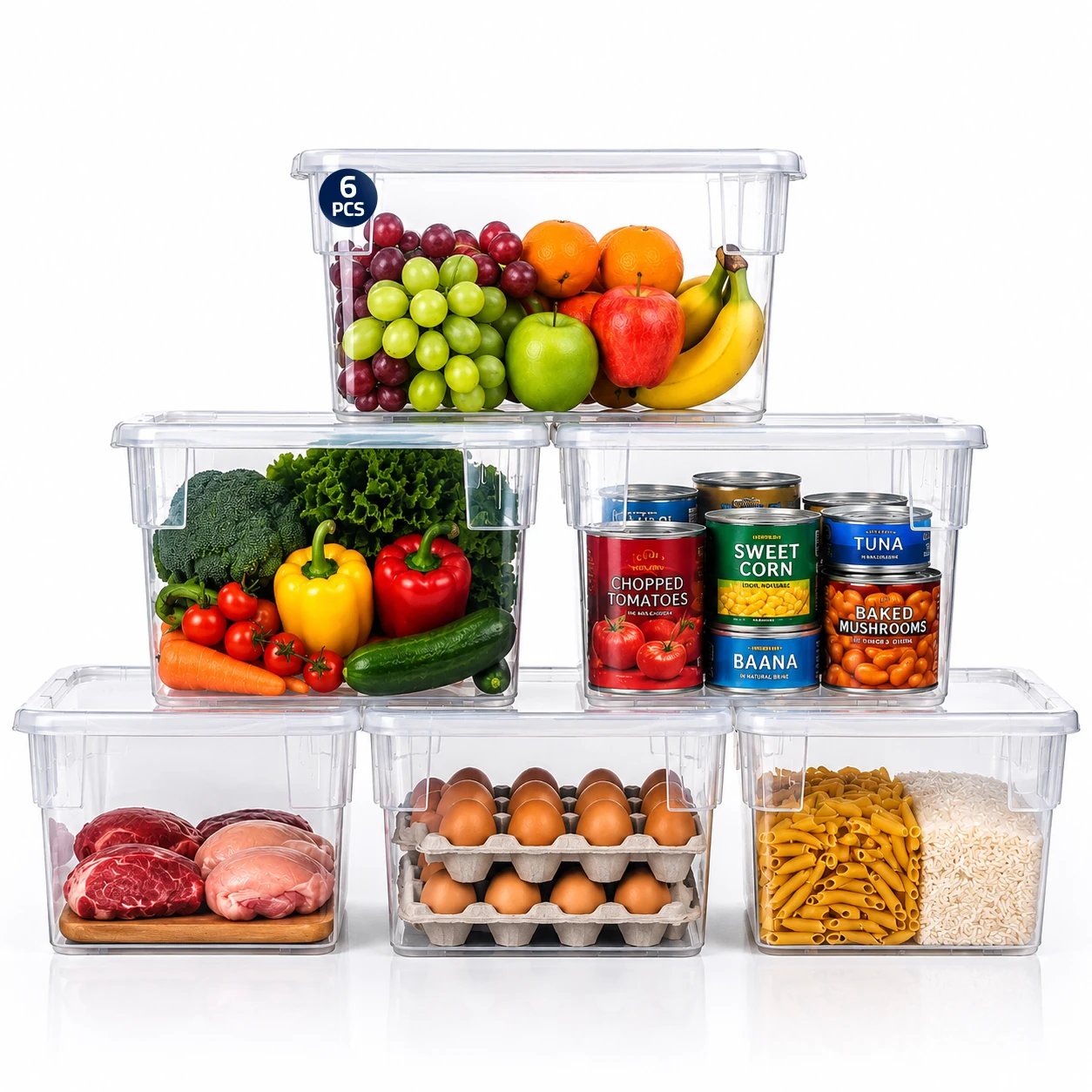 Premium Amazon-ready image showing six transparent storage containers filled with food